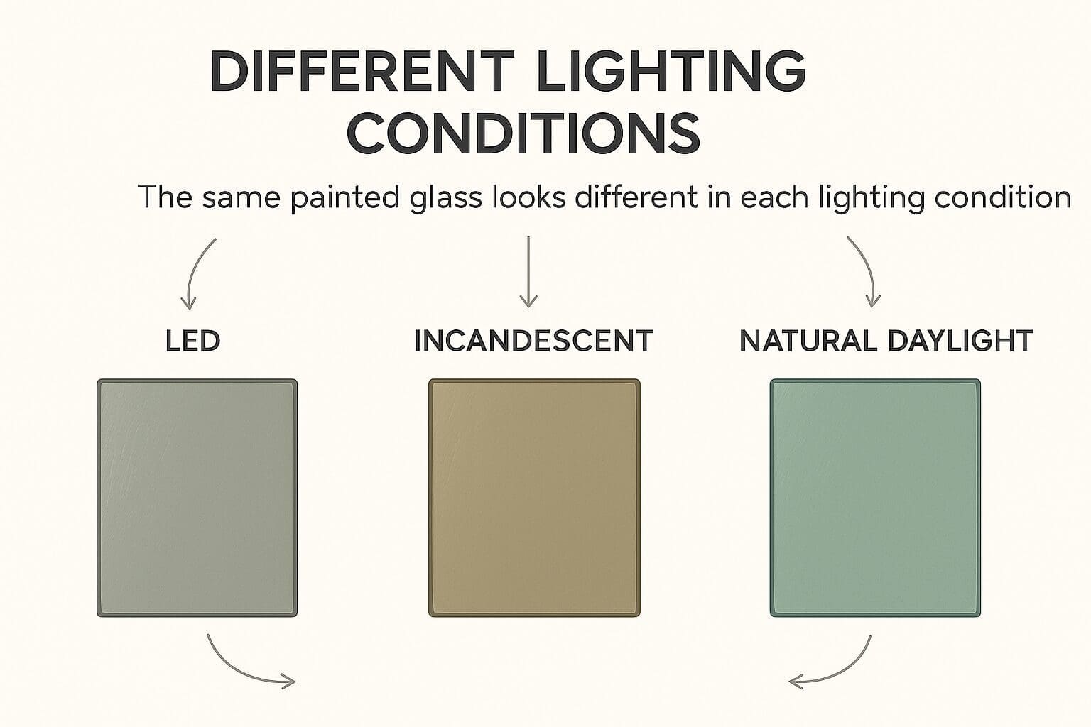 Three painted glass panels displayed under different lighting conditions: LED (cool gray), incandescent (warm tan), and natural daylight (soft green), demonstrating how lighting affects glass decorating appearance
