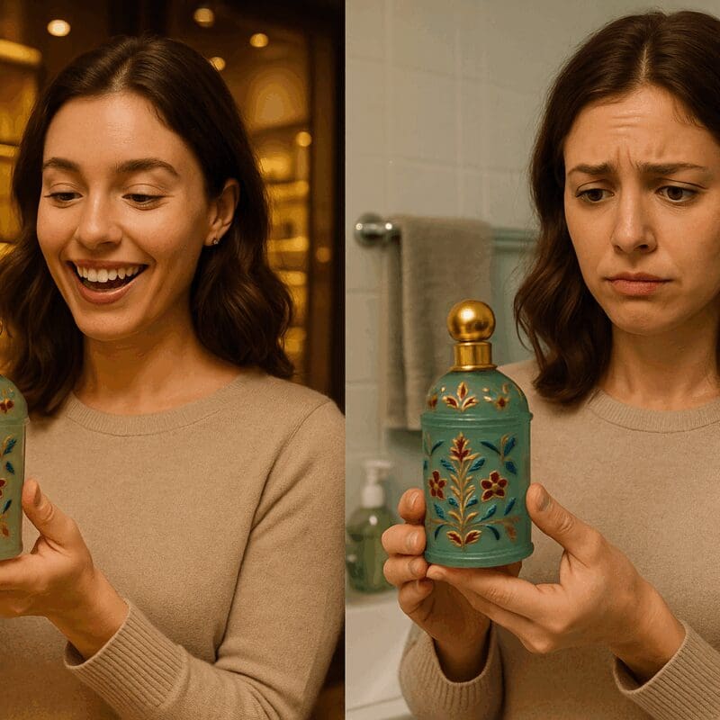 Woman holding ornate green glass perfume bottle with red and gold floral design, displaying delighted expression in luxury retail setting