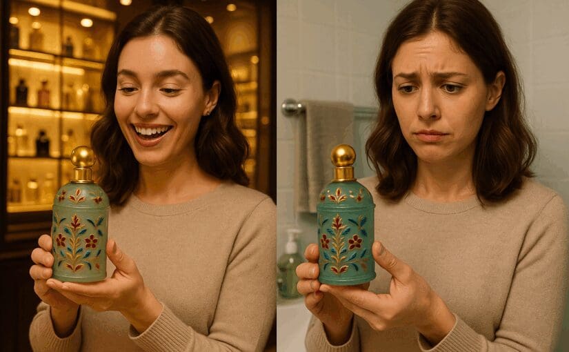 Woman holding ornate green glass perfume bottle with red and gold floral design, displaying delighted expression in luxury retail setting