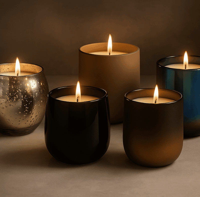 Five lit scented candles in decorative glass jars with gold, black, and blue finishes arranged on a neutral surface