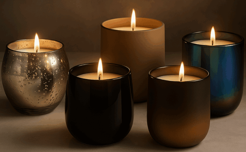 Five lit scented candles in decorative glass jars with gold, black, and blue finishes arranged on a neutral surface