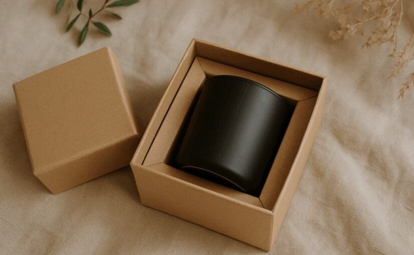 Black cylindrical candle jar in kraft cardboard gift box with decorative dried botanicals on cream fabric background