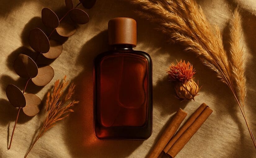 Amber glass perfume bottle with wooden cap surrounded by dried wheat, cinnamon sticks, eucalyptus, and red protea flower on beige linen background