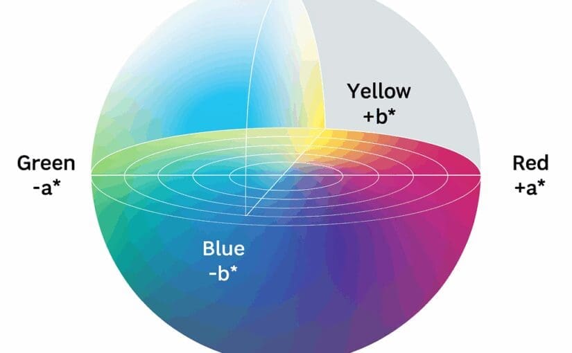 LAB color space diagram showing L*, a*, and b* axes with white at top, black at bottom, red-yellow on right, and green-blue on left