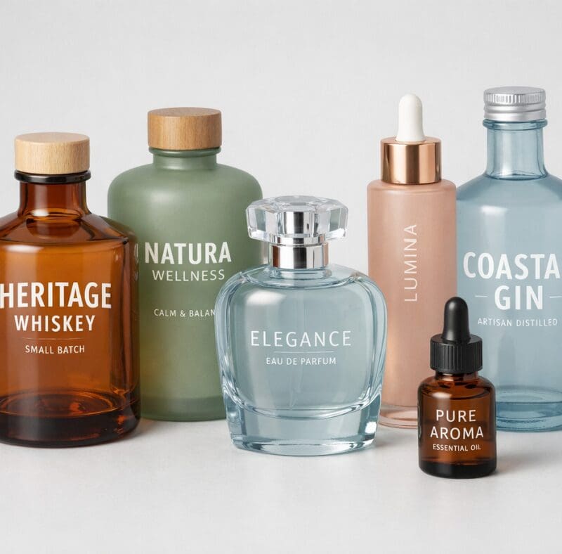 Custom glass bottle decoration shown on tinted glass bottles for spirits, beauty, fragrance, and wellness products