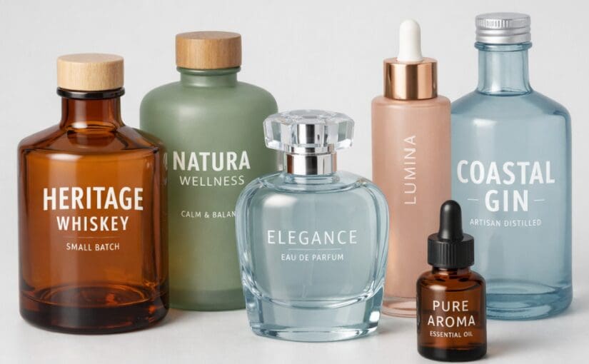 Custom glass bottle decoration shown on tinted glass bottles for spirits, beauty, fragrance, and wellness products