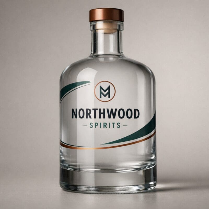 Screen printed glass bottle with charcoal, green, and copper ink used for spirits and beauty packaging