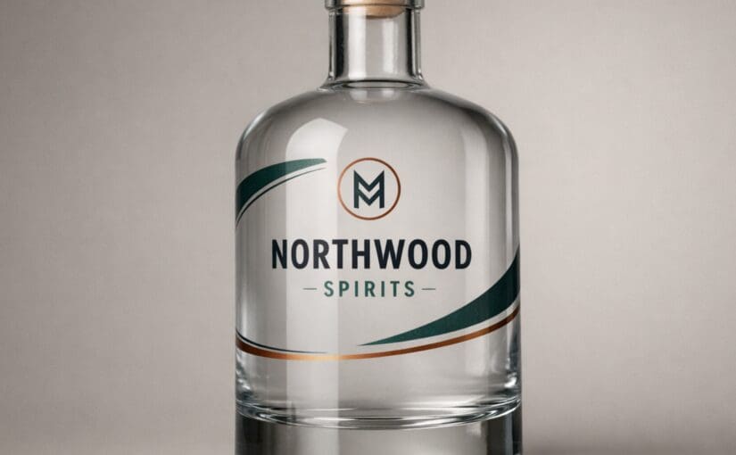 Screen printed glass bottle with charcoal, green, and copper ink used for spirits and beauty packaging
