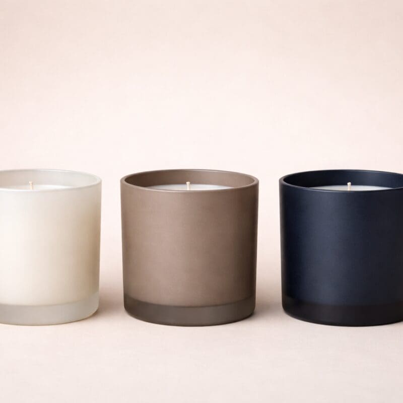 Three cylindrical scented candles in white, taupe, and black ceramic vessels arranged in a row on a neutral background