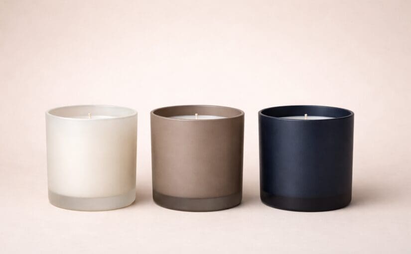 Three cylindrical scented candles in white, taupe, and black ceramic vessels arranged in a row on a neutral background