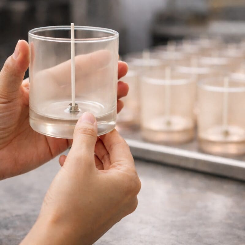 Hand holding a clear glass container with a metal wick, surrounded by similar decorated glassware in an industrial setting