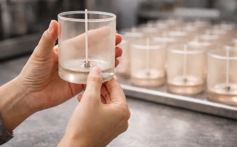 Hand holding a clear glass container with a metal wick, surrounded by similar decorated glassware in an industrial setting
