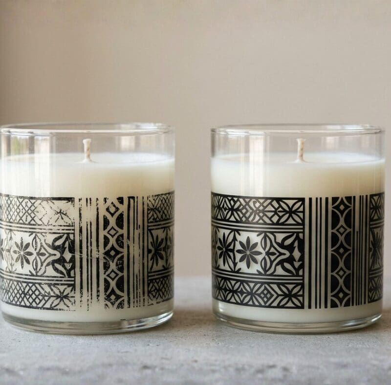 Comparison of screen printing quality on glass candle jars showing clean print versus worn or imperfect decoration finish
