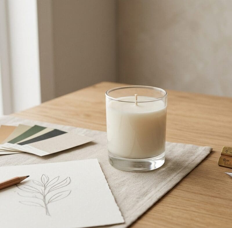 Glass candle packaging design setup with color swatches, sketch, and tools showing product planning and development process