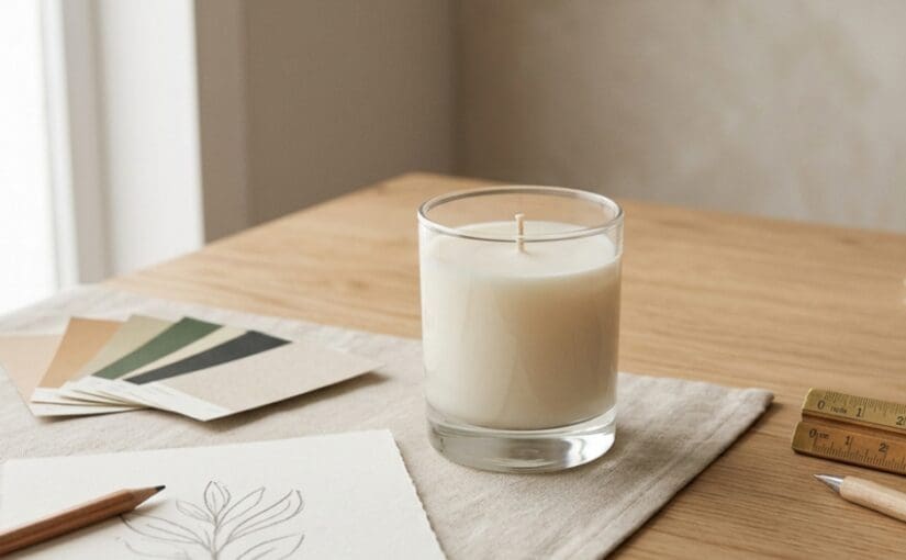 Glass candle packaging design setup with color swatches, sketch, and tools showing product planning and development process