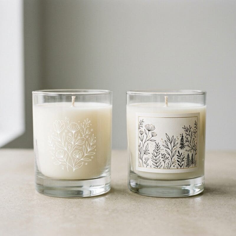 Screen printing vs label comparison on glass candle jars showing direct print and labeled packaging side by side