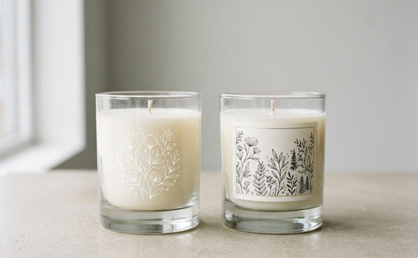 Screen printing vs label comparison on glass candle jars showing direct print and labeled packaging side by side