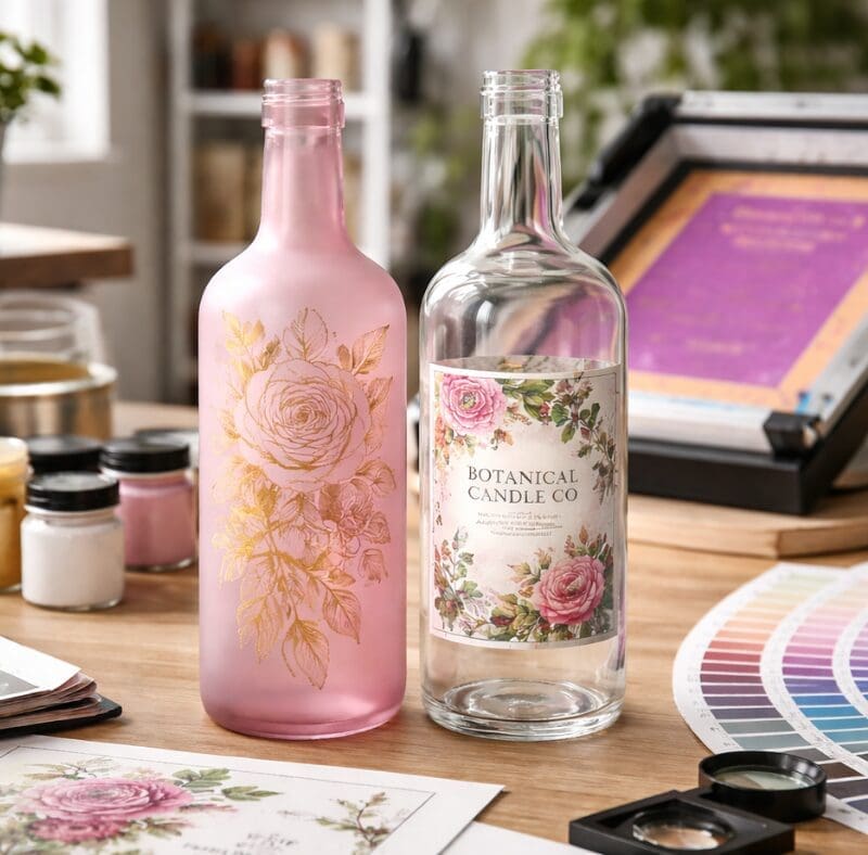Two decorative glass bottles with floral designs on a wooden desk in a creative workspace with color swatches and design materials