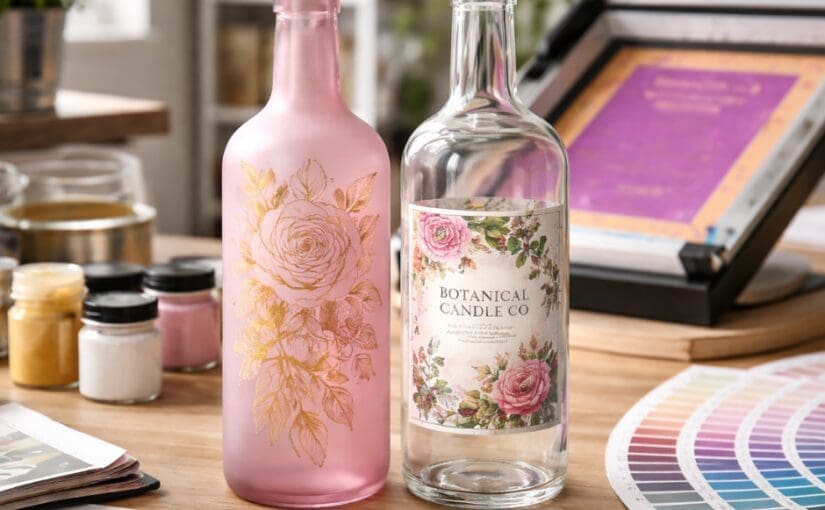 Two decorative glass bottles with floral designs on a wooden desk in a creative workspace with color swatches and design materials