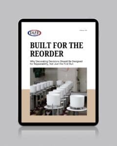 Tablet displaying JAFE's "Built for the Reorder" guide about candle jar decorating and glass screen printing for repeatability, featuring rows of white decorated containers in a production facility