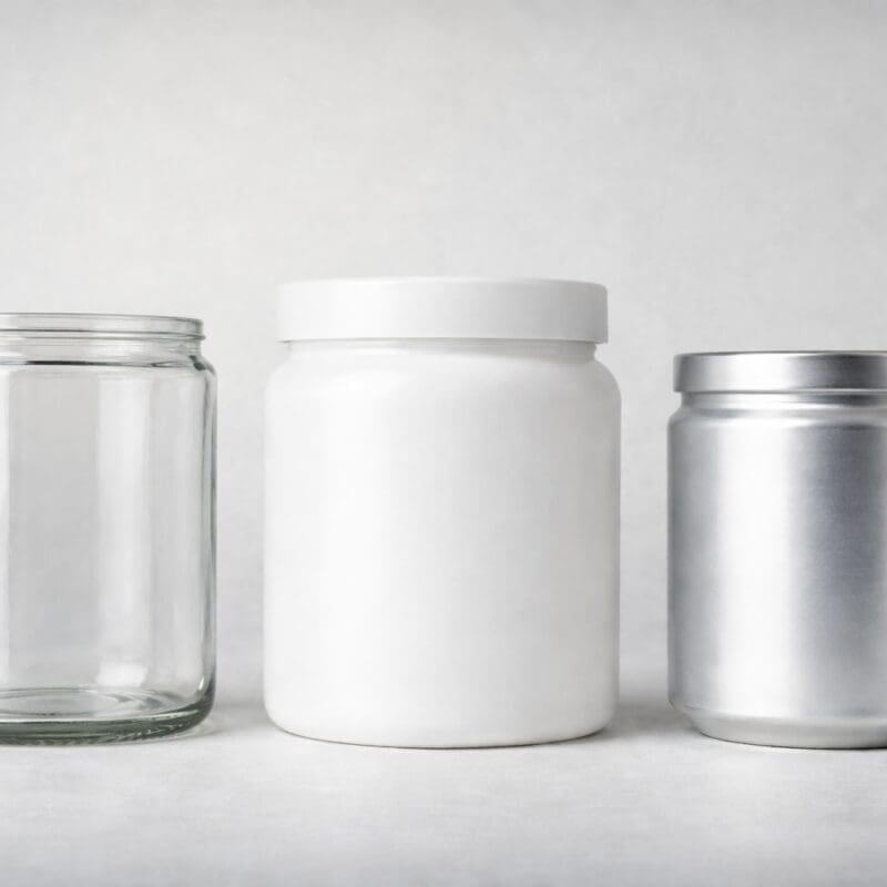 Three empty decorative containers—clear glass jar with metal lid, white opaque jar with white lid, and silver metallic jar with metal lid—displayed side by side on neutral background
