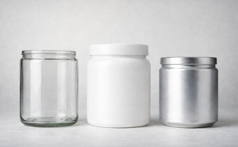 Three empty decorative containers—clear glass jar with metal lid, white opaque jar with white lid, and silver metallic jar with metal lid—displayed side by side on neutral background