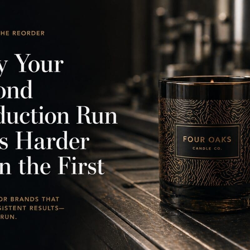 Luxury black candle jar with gold patterned label for Four Oaks Candle Co, displayed on wooden surface with blurred industrial background