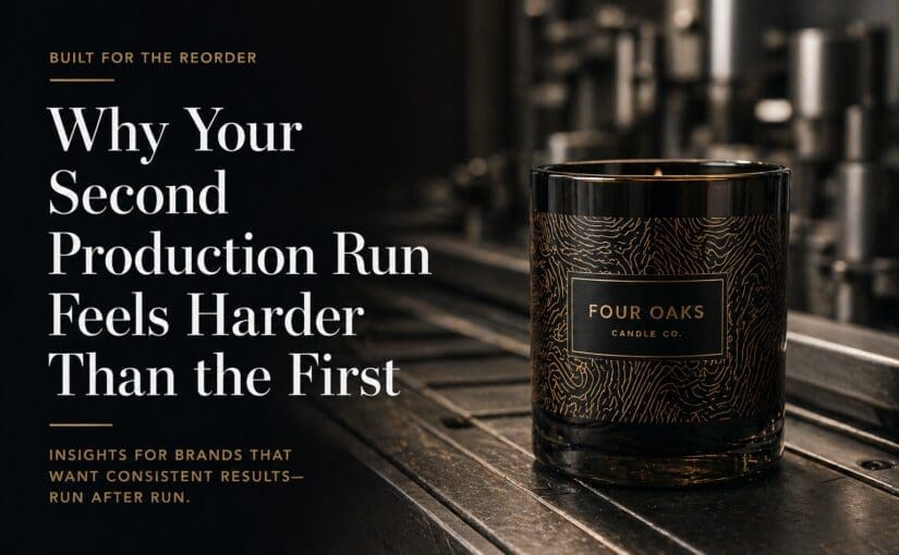 Luxury black candle jar with gold patterned label for Four Oaks Candle Co, displayed on wooden surface with blurred industrial background