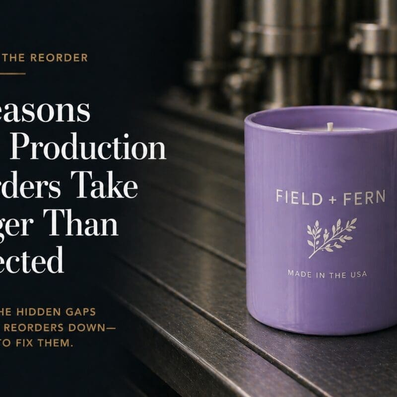 Purple Field + Fern candle jar on dark wood surface with text overlay about production reorders taking longer than expected