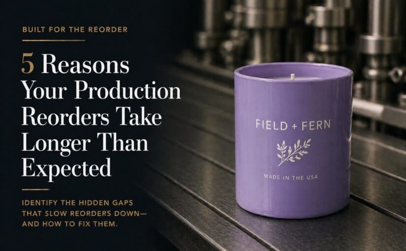 Purple Field + Fern candle jar on dark wood surface with text overlay about production reorders taking longer than expected