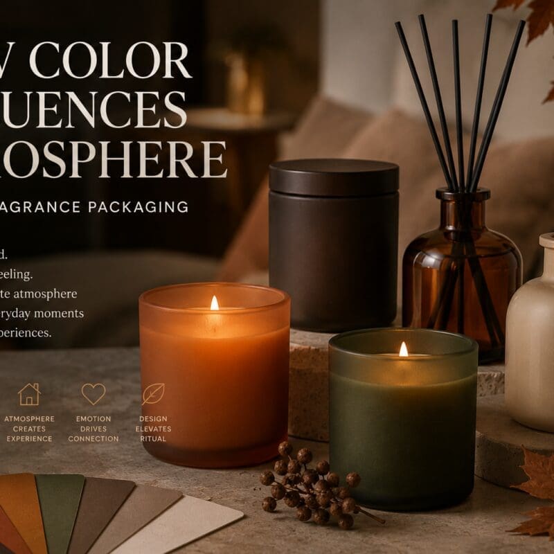Warm autumn-toned candles and diffuser bottles arranged with color swatches, demonstrating how color influences home fragrance packaging atmosphere and mood