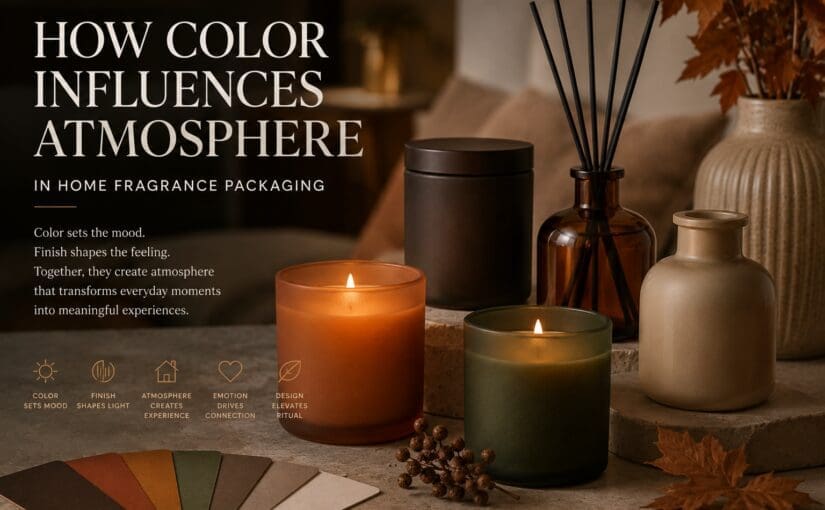 Warm autumn-toned candles and diffuser bottles arranged with color swatches, demonstrating how color influences home fragrance packaging atmosphere and mood