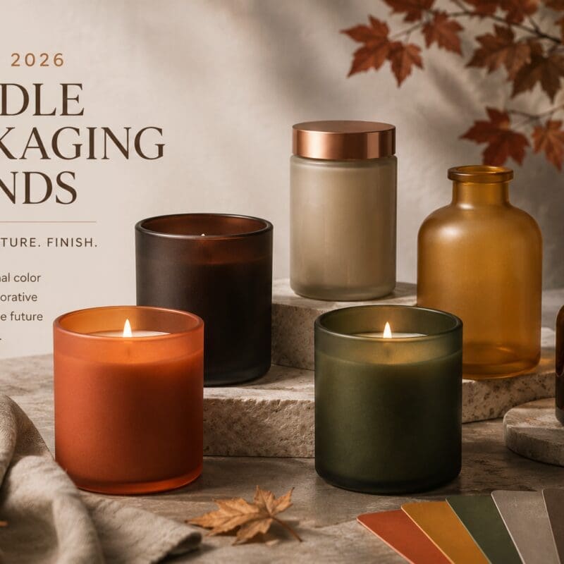 Autumn 2026 candle packaging collection featuring colored glass jars and bottles with copper accents, reed diffuser, and fall-inspired color palette displayed on stone surfaces with dried leaves