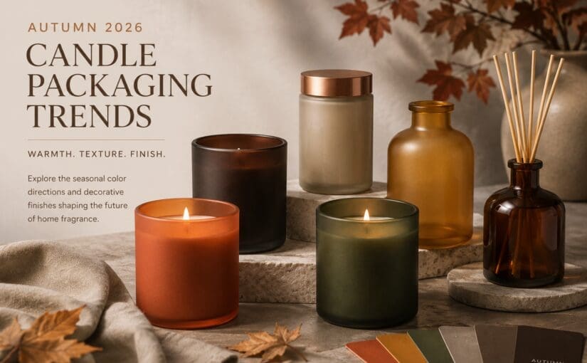 Autumn 2026 candle packaging collection featuring colored glass jars and bottles with copper accents, reed diffuser, and fall-inspired color palette displayed on stone surfaces with dried leaves