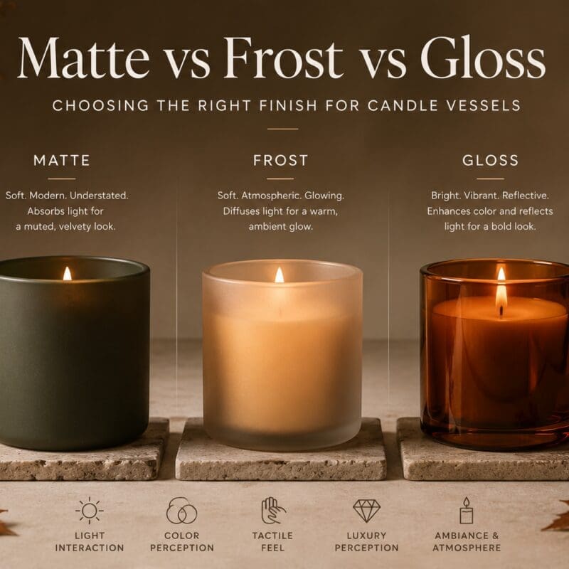 Three lit candles in matte, frost, and gloss glass vessels displayed side by side, comparing finish effects on candle jar decorating and appearance