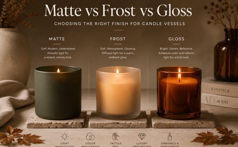 Three lit candles in matte, frost, and gloss glass vessels displayed side by side, comparing finish effects on candle jar decorating and appearance