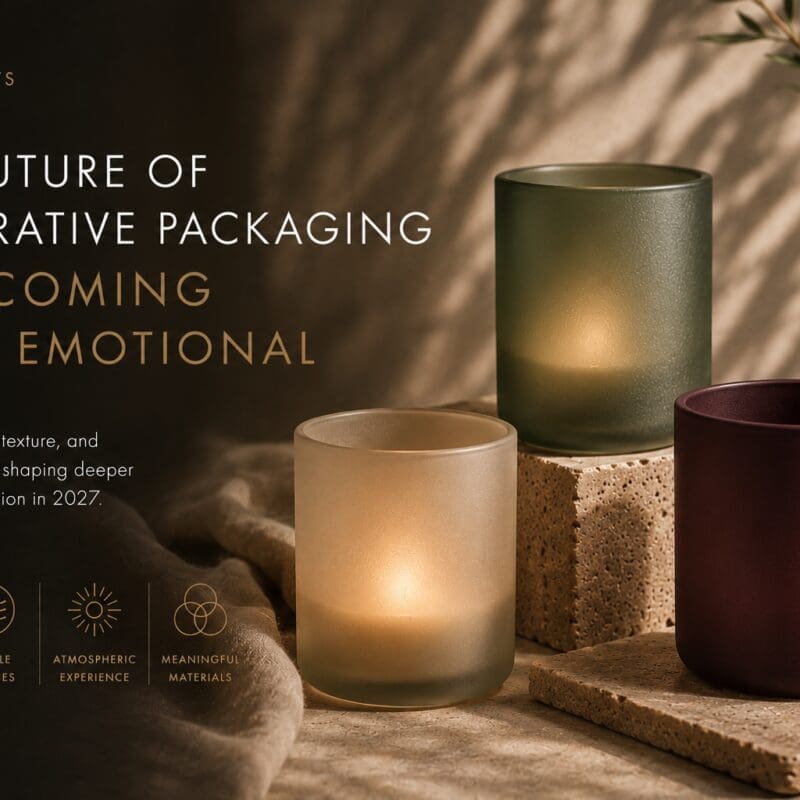 Three frosted glass candle jars in earth tones—cream, sage green, and burgundy—arranged on concrete surfaces with natural lighting and plant styling, showcasing decorative glass finishing techniques