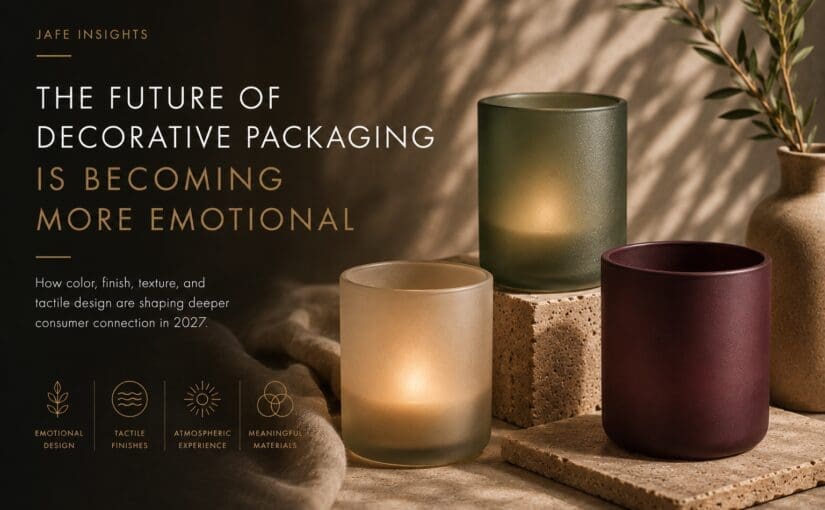 Three frosted glass candle jars in earth tones—cream, sage green, and burgundy—arranged on concrete surfaces with natural lighting and plant styling, showcasing decorative glass finishing techniques