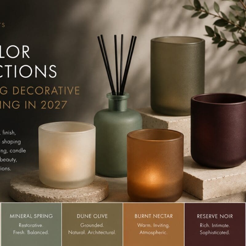Six frosted glass candle jars and vessels in neutral earth tones—alabaster veil, mineral spring, dune olive, burnt nectar, reserve noir, and vapor blue—displayed on concrete blocks with decorative finishes for 2027 packaging trends