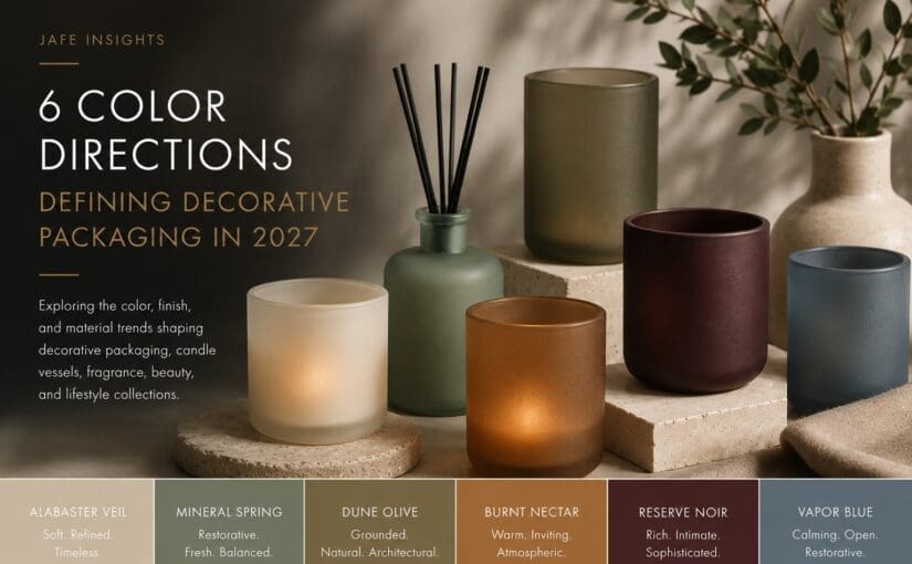 Six frosted glass candle jars and vessels in neutral earth tones—alabaster veil, mineral spring, dune olive, burnt nectar, reserve noir, and vapor blue—displayed on concrete blocks with decorative finishes for 2027 packaging trends