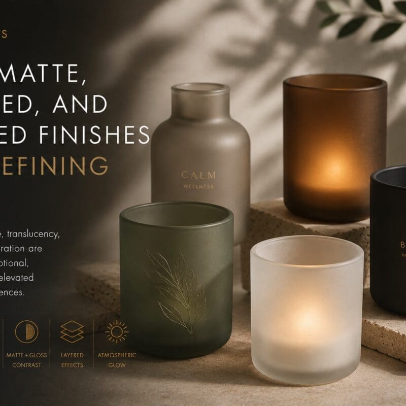 Collection of decorated glass candle jars and bottles featuring matte, frosted, and layered finishes with tactile textures and translucent effects, displayed on neutral surfaces with natural lighting