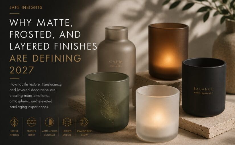 Collection of decorated glass candle jars and bottles featuring matte, frosted, and layered finishes with tactile textures and translucent effects, displayed on neutral surfaces with natural lighting
