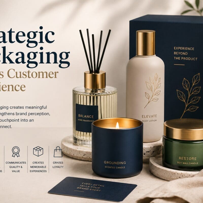 Luxury home fragrance collection featuring decorated glass candles, perfume bottles, and hand wash in navy and green with gold accents, displaying strategic packaging design and branding