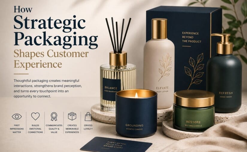 Luxury home fragrance collection featuring decorated glass candles, perfume bottles, and hand wash in navy and green with gold accents, displaying strategic packaging design and branding