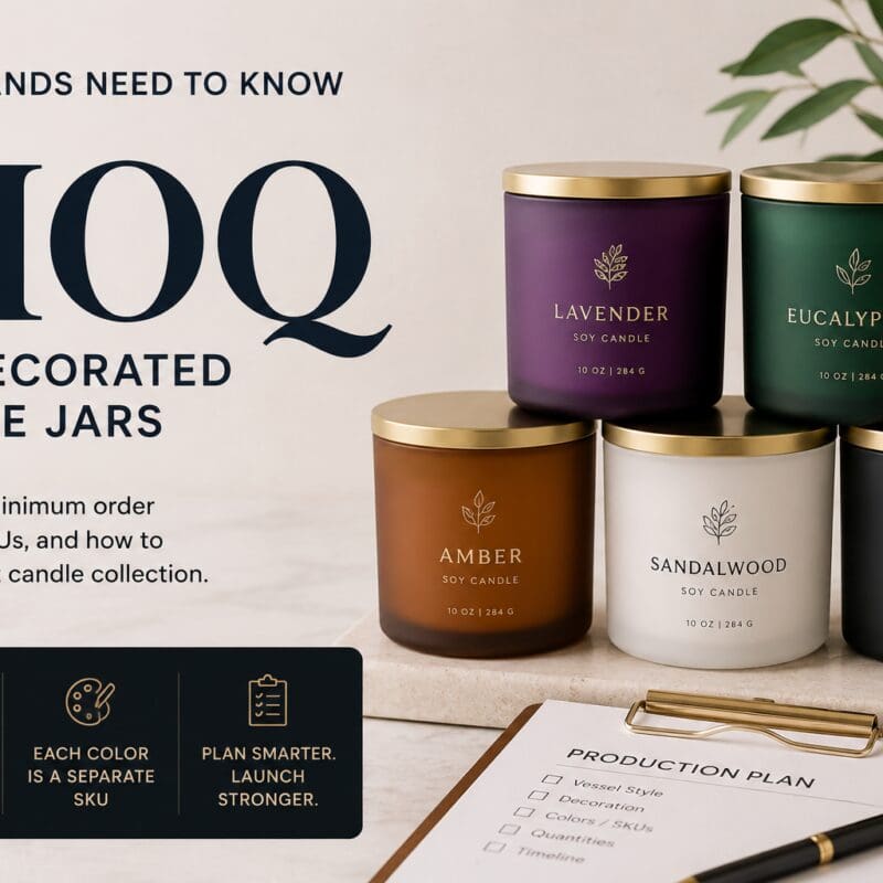 Five branded soy candles in colored glass jars with gold lids displayed next to a production planning checklist, illustrating MOQ minimums and SKU options for decorated candle jar collections