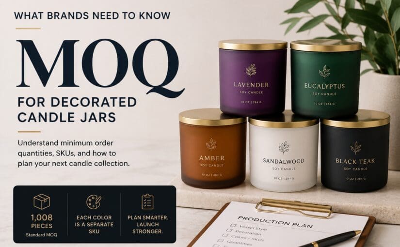 Five branded soy candles in colored glass jars with gold lids displayed next to a production planning checklist, illustrating MOQ minimums and SKU options for decorated candle jar collections