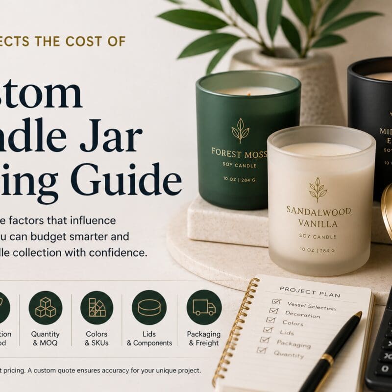 Custom soy candle jars with labels displayed next to a pricing guide document and calculator, illustrating factors affecting candle jar decorating costs