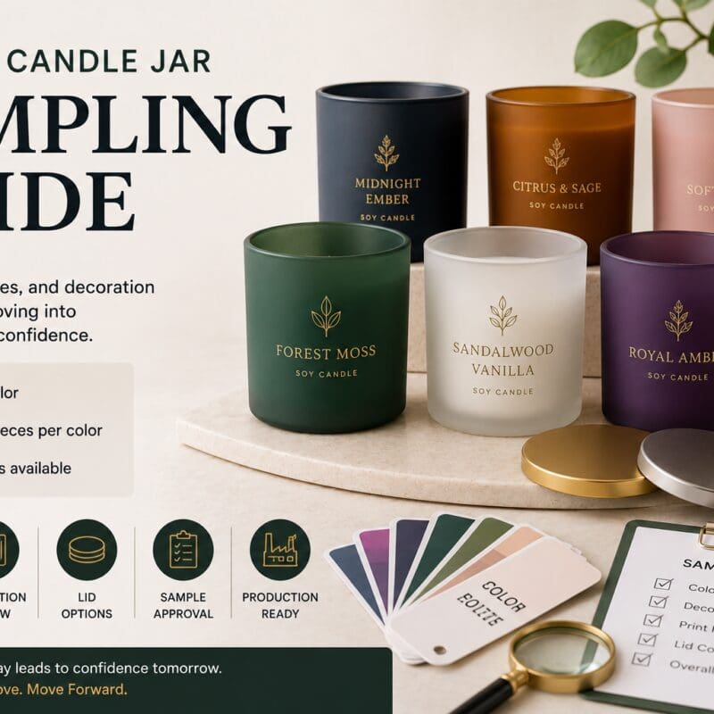 Custom candle jar sampling guide displaying six colored soy candles with gold foil labels, wooden and metal lids, color swatches, and sample approval checklist for glass decorating and candle fulfillment services