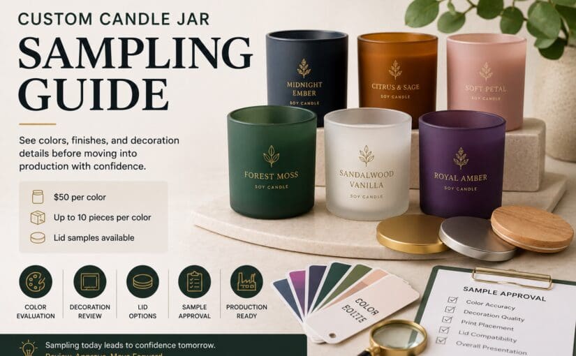 Custom candle jar sampling guide displaying six colored soy candles with gold foil labels, wooden and metal lids, color swatches, and sample approval checklist for glass decorating and candle fulfillment services