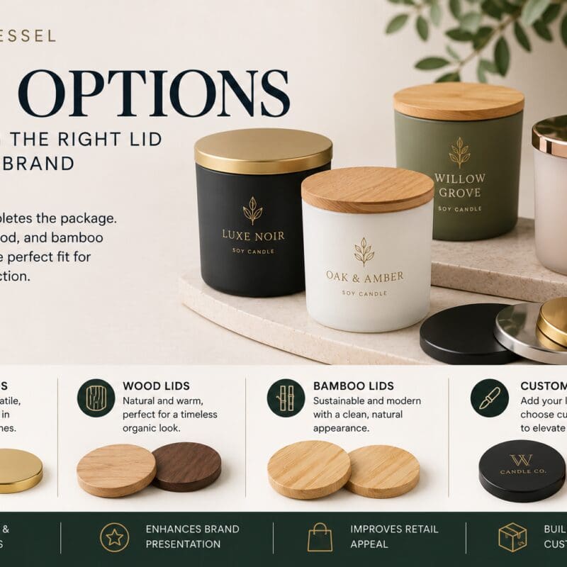 Display of luxury soy candles with various lid options including metal, wood, and bamboo finishes, showing customization choices for candle jar decorating and brand branding